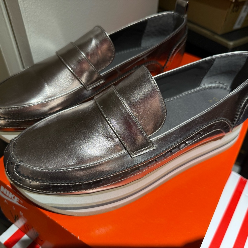 crown & ivy Shiny Silver Platform Loafers